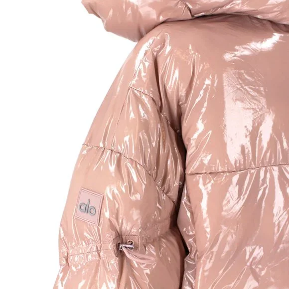 ALO Yoga Stunner Puffer Jacket High Gloss Dusty Pink Coat Hooded L NEW - Picture 8 of 10